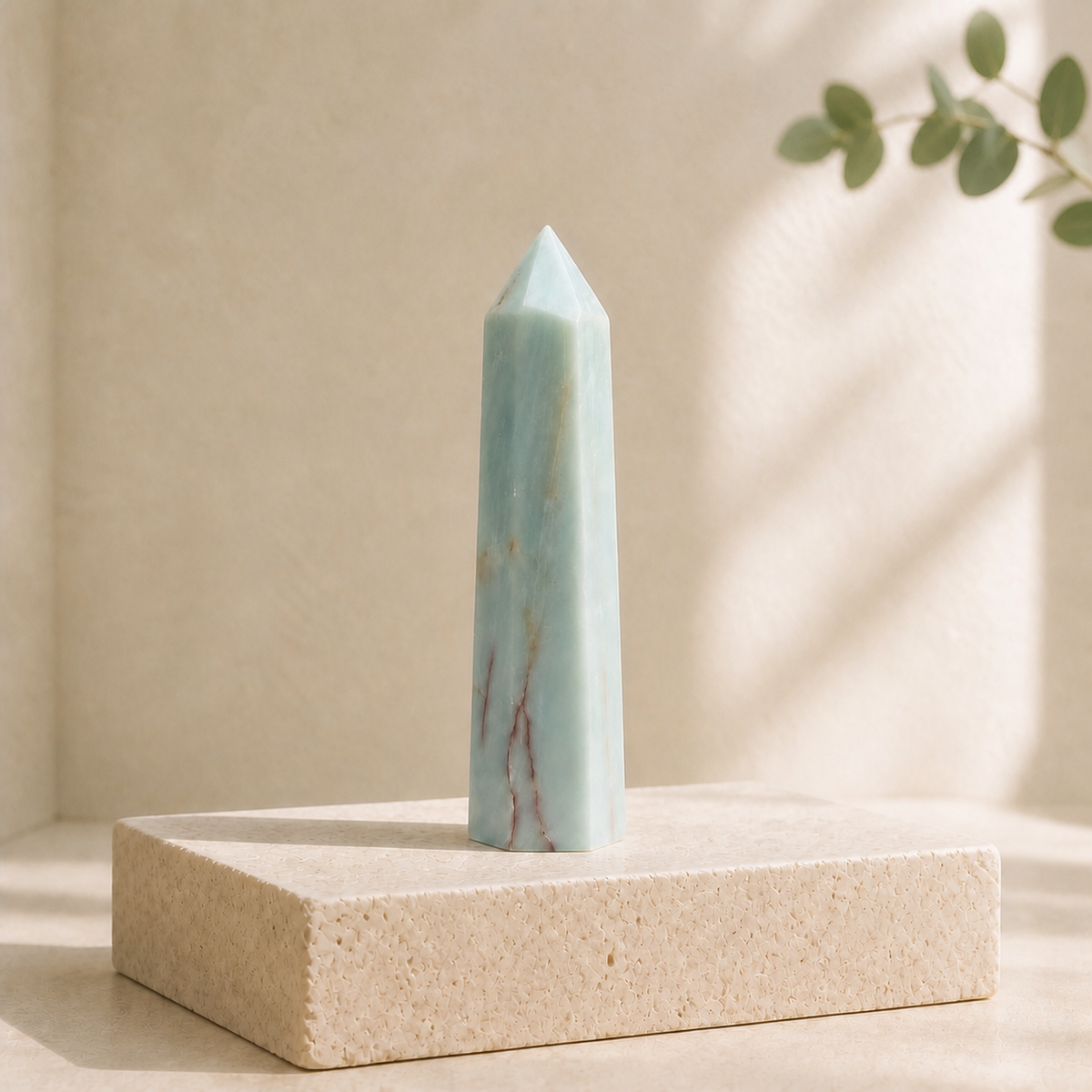 Smoky Amazonite tower TE with natural rust-red veining