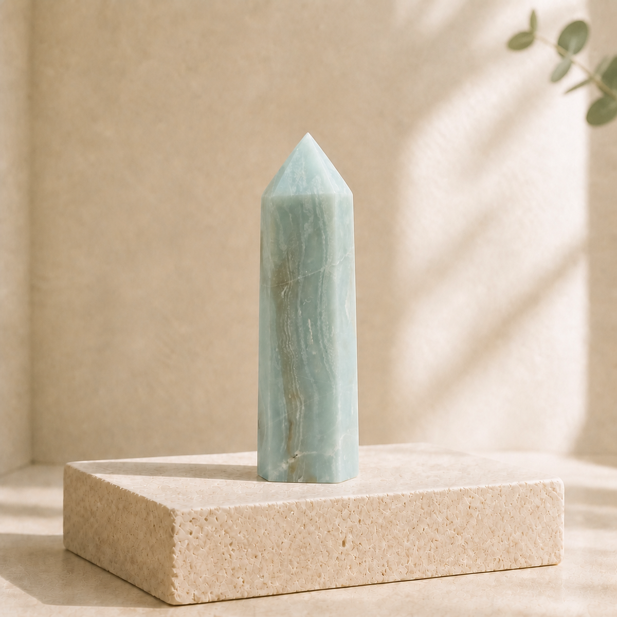 Smoky Amazonite tower TF on a cream limestone slab