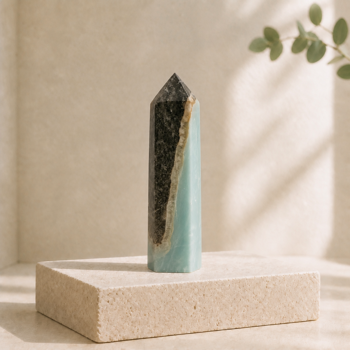Smoky Amazonite tower TH with dramatic dark natural matrix