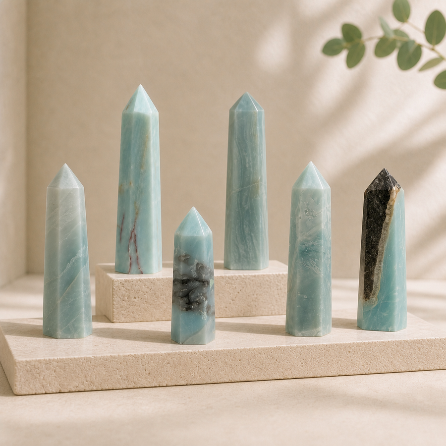 Six Smoky Amazonite crystal towers displayed in a warm natural-light studio