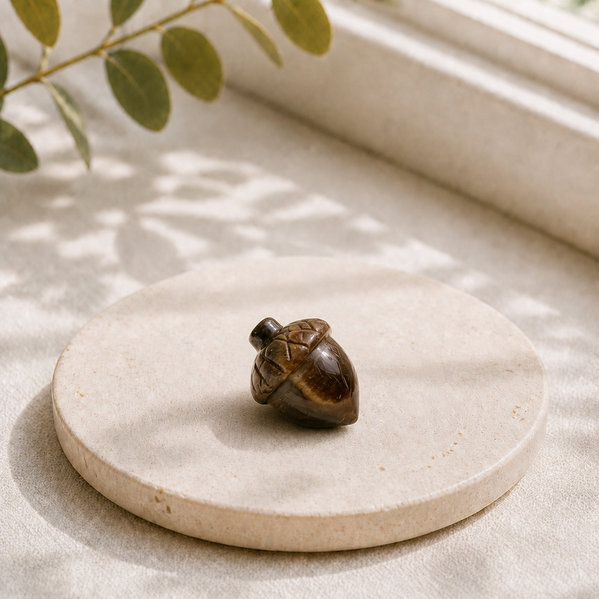 Tiger's Eye polished crystal acorn carving