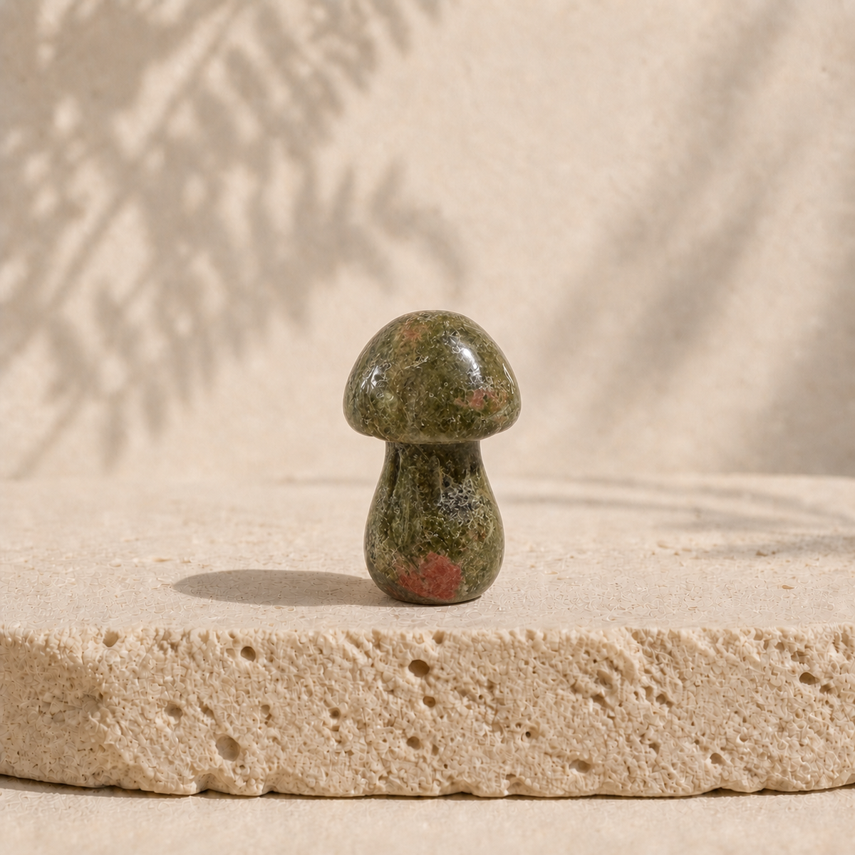 Polished Unakite crystal mushroom carving