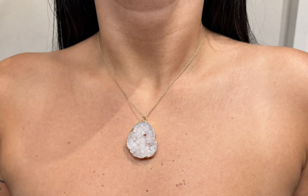 White Druzy Agate pendant worn on a fine gold chain for size reference; chain not included